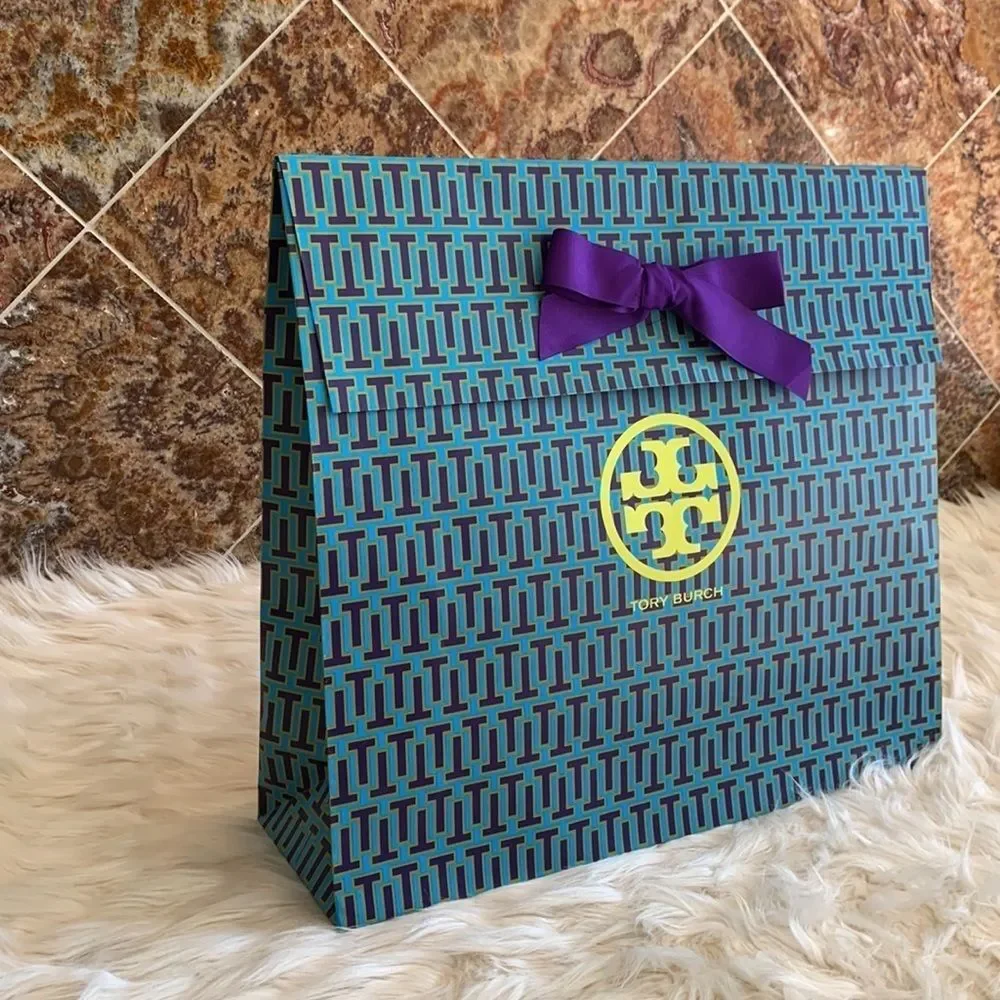 Designer Tory Burch Blue Purple and Green Paper Shopping Bag with Bow